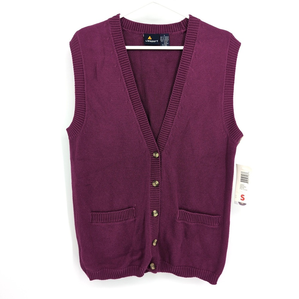 Lizsport Sweater Vest Plum Knit Button Front V-Neck Sleeveless Women Small